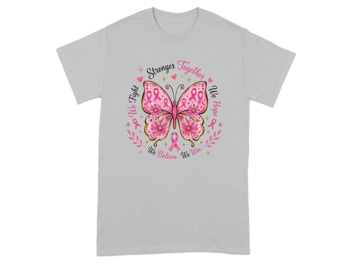 Grey t-shirt with a pink butterfly graphic and "Stronger Together" text.