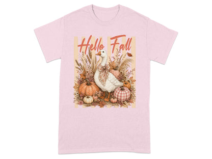 White goose among pumpkins, wheat, and autumn leaves with "Hello Fall" text.