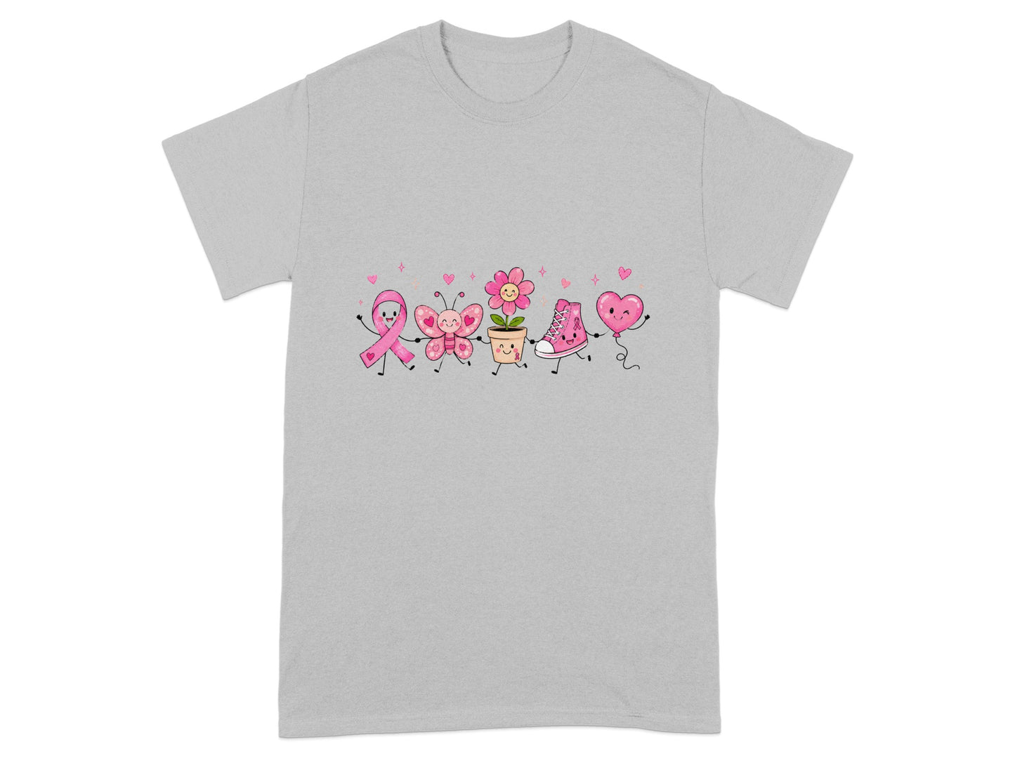Pink ribbon, butterfly, flower, sneaker, and heart characters march together.