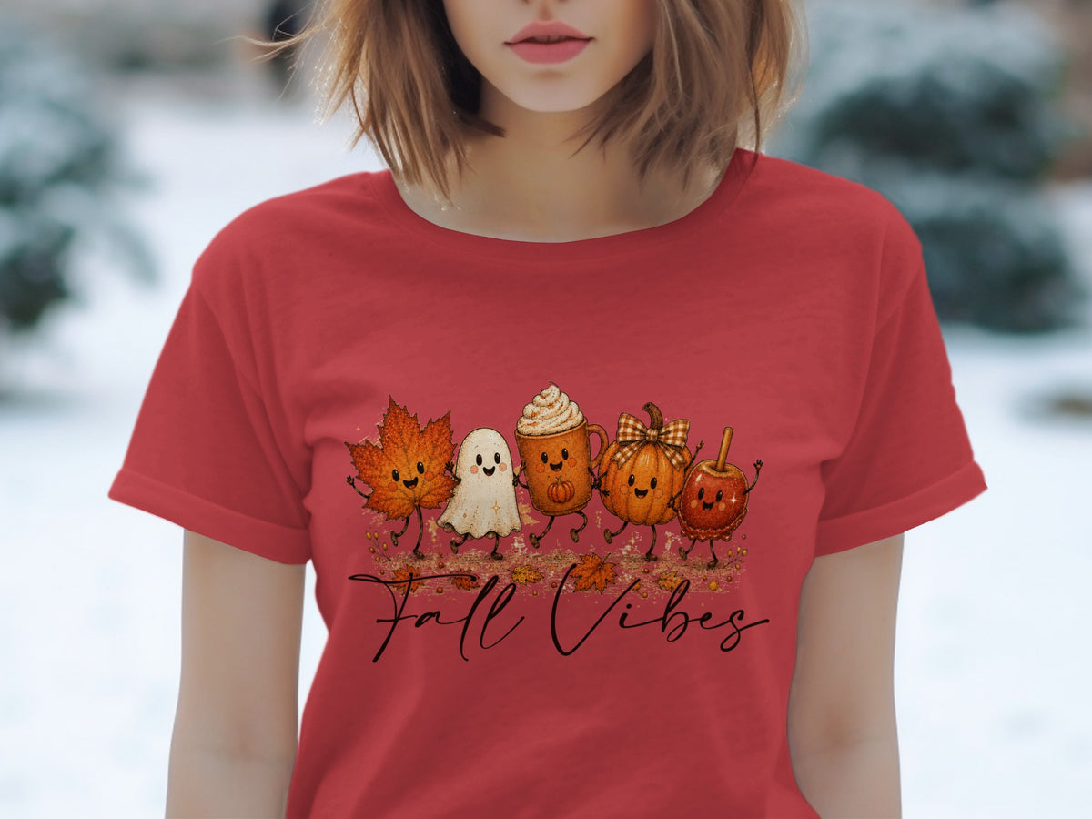 Autumn themed graphic with a leaf, ghost, coffee, pumpkin, and apple saying "Fall Vibes".