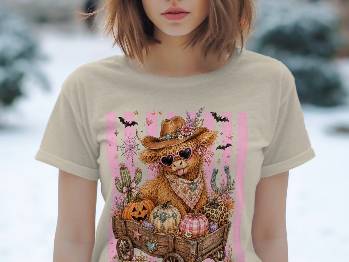 Highland cow wearing cowboy hat and heart sunglasses in a wagon with pumpkins.