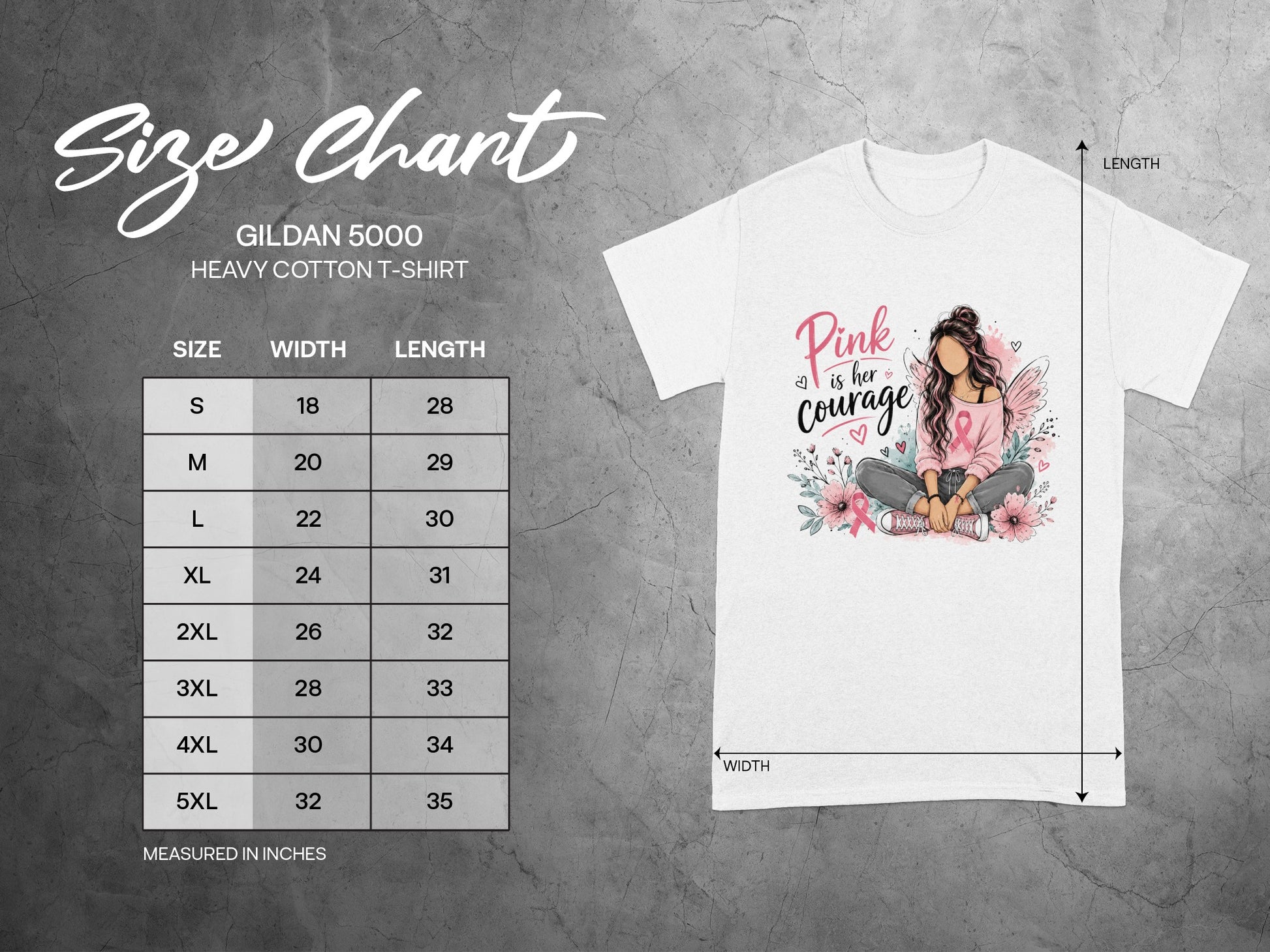 Gildan 5000 t-shirt size chart with width and length measurements in inches.