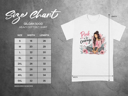 Gildan 5000 t-shirt size chart with width and length measurements in inches.