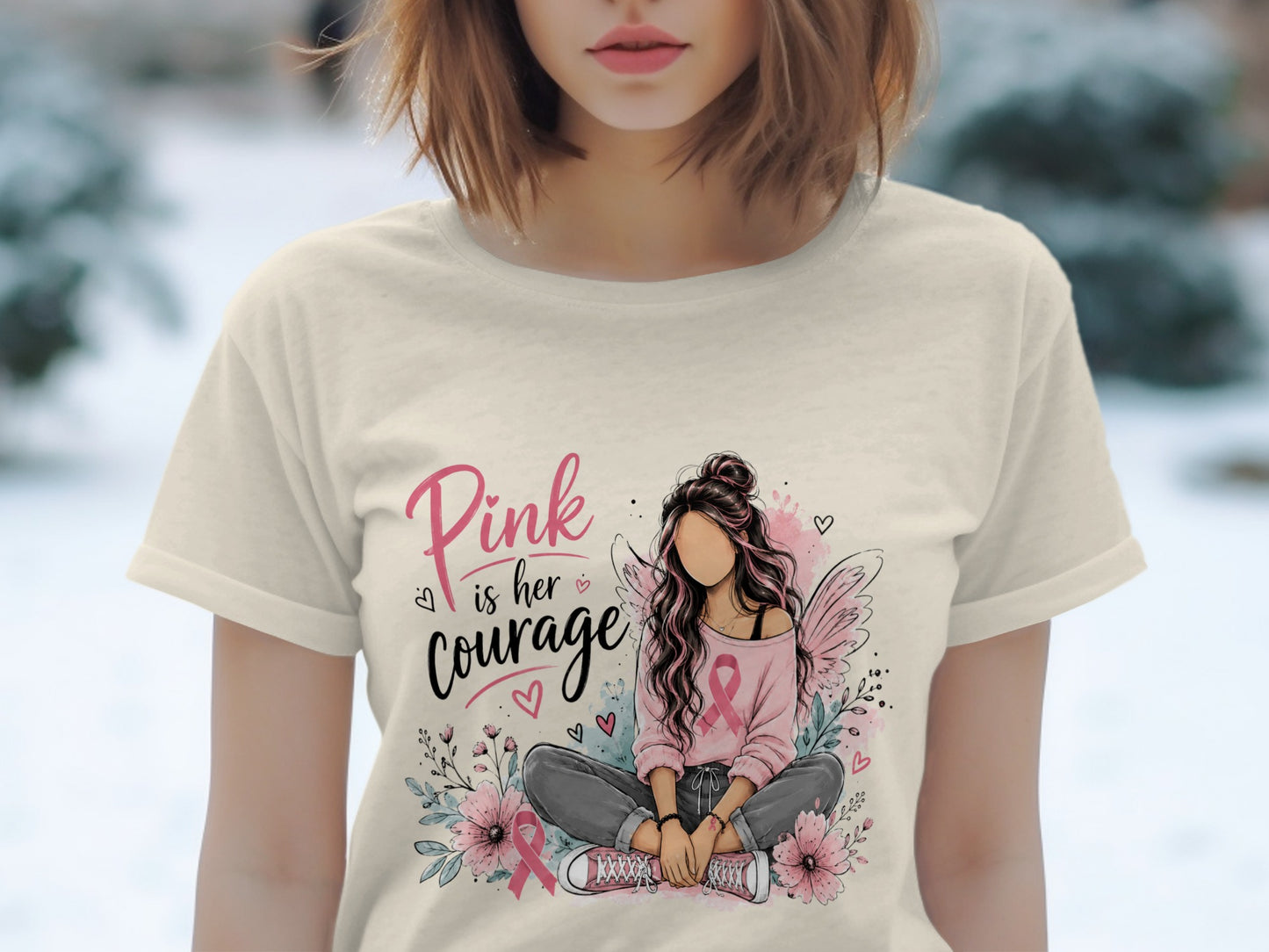 Pink is her courage graphic with a woman, flowers, and breast cancer ribbon.