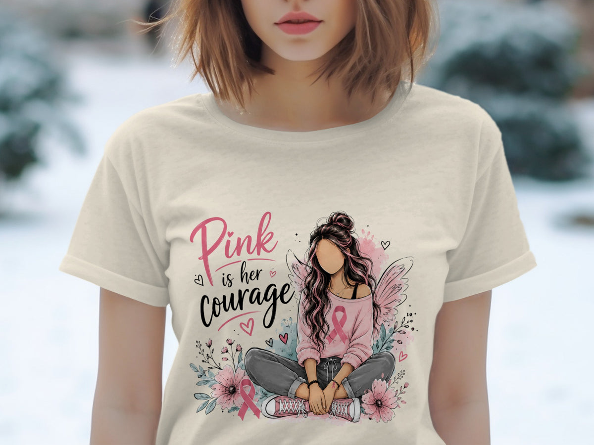 Pink is her courage graphic with a woman, flowers, and breast cancer ribbon.