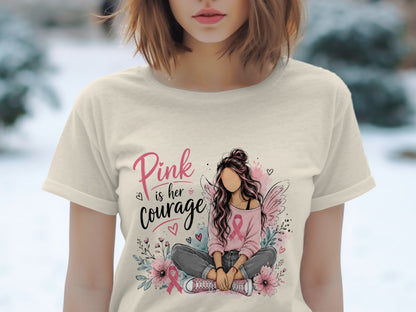 Pink is her courage graphic with a woman, flowers, and breast cancer ribbon.