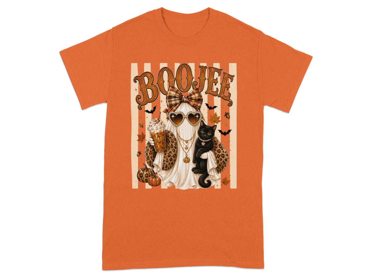Ghost with cat, holding coffee, and wearing sunglasses, with "BOOJIE" text.