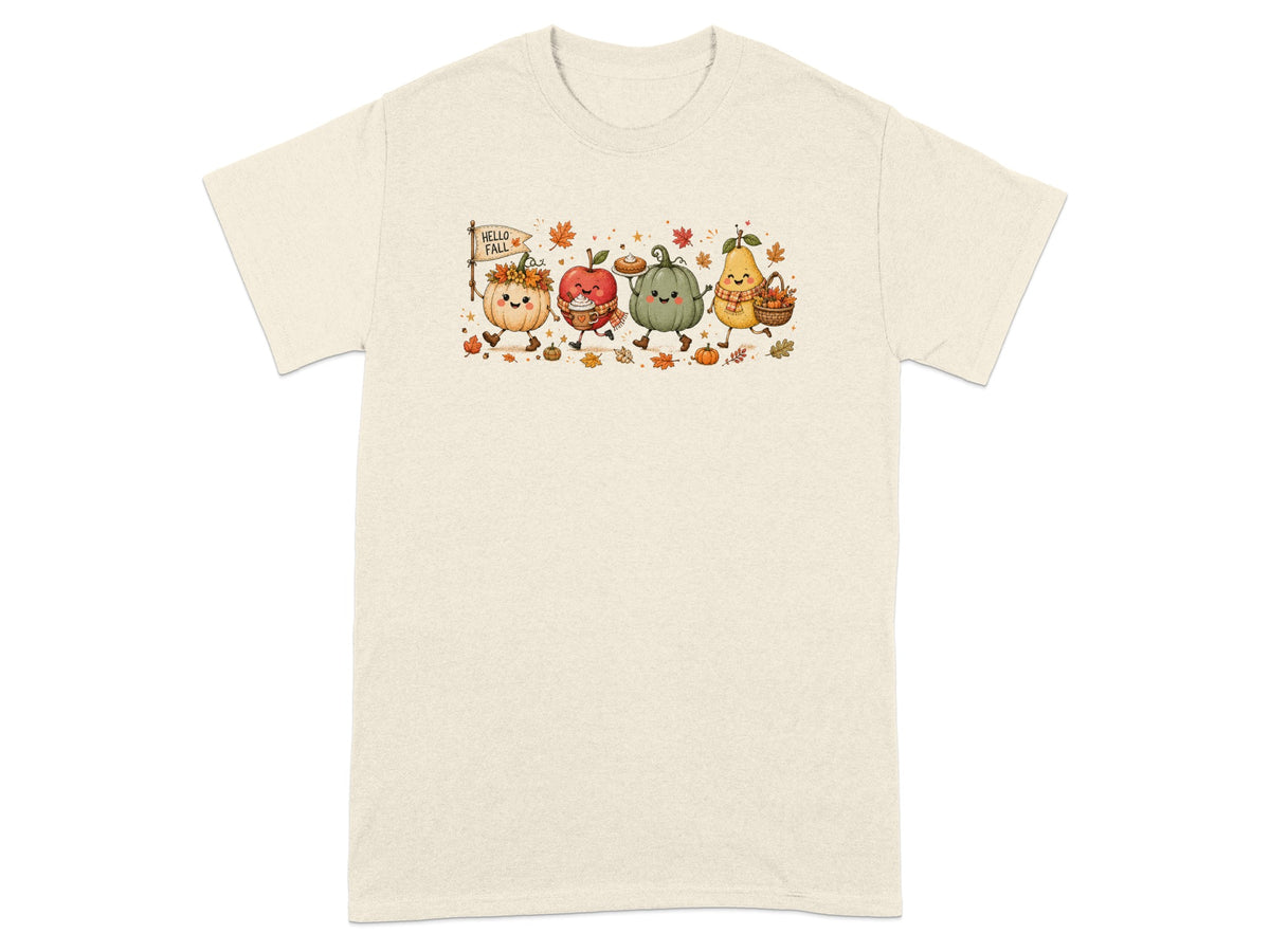 Animated fall fruits and vegetables walk together, holding pies and baskets.