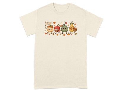 Animated fall fruits and vegetables walk together, holding pies and baskets.