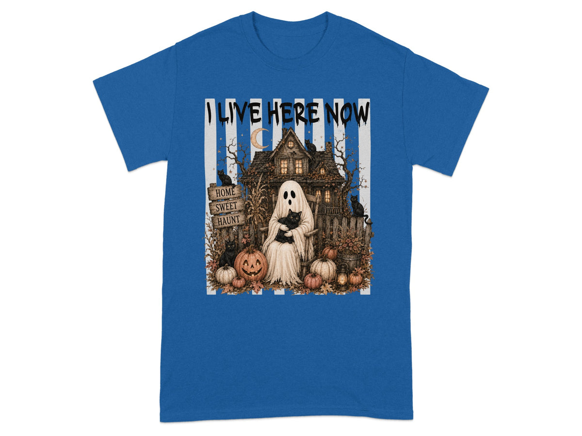 "I LIVE HERE NOW" text above a Halloween scene with a ghost, haunted house, and pumpkins.