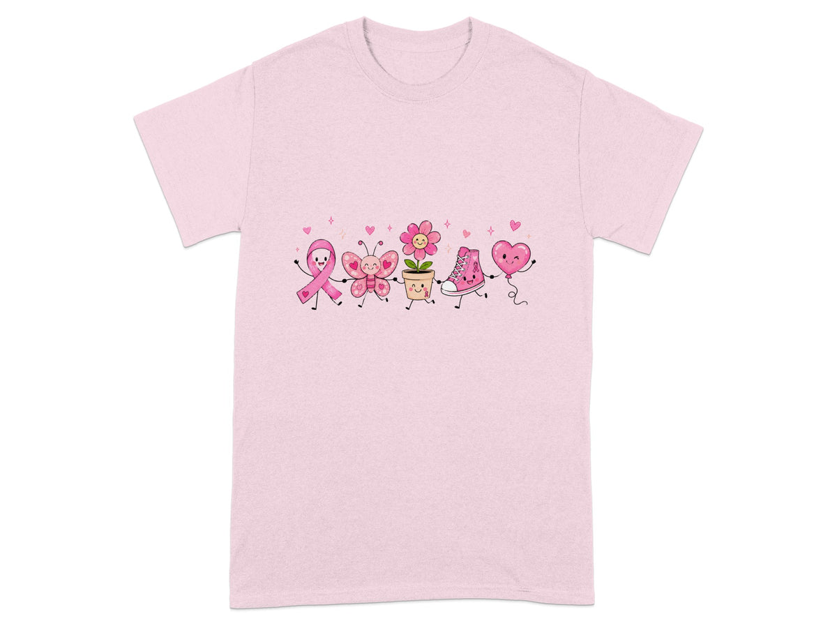Pink t-shirt featuring a line of cartoon characters including a pink ribbon, butterfly, flower, shoe, and heart.