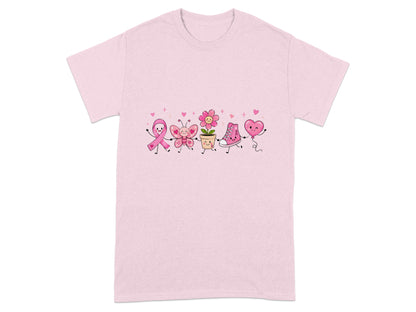 Pink t-shirt featuring a line of cartoon characters including a pink ribbon, butterfly, flower, shoe, and heart.