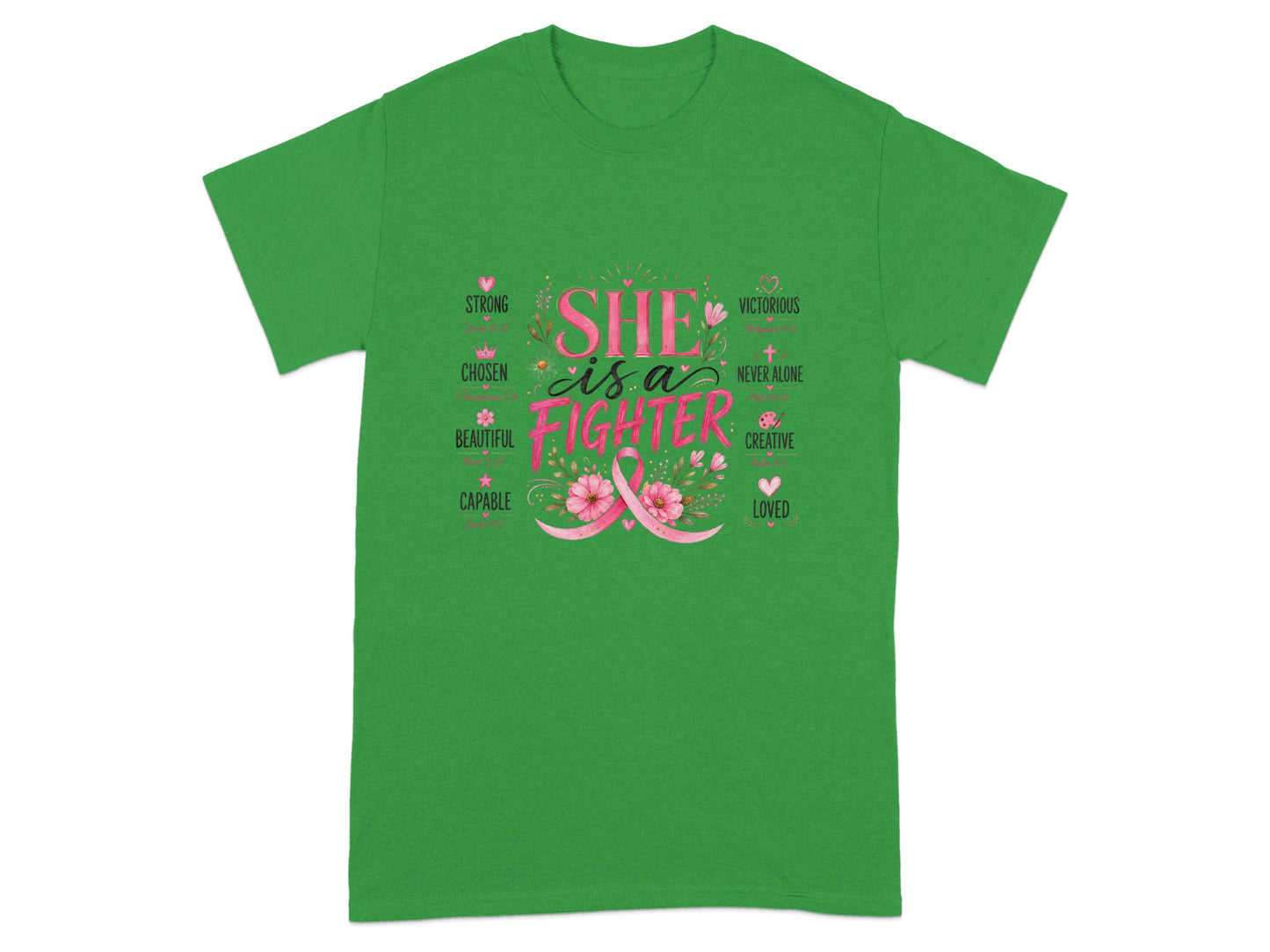 Green t-shirt with "SHE is a FIGHTER" and descriptive words, featuring a pink ribbon.