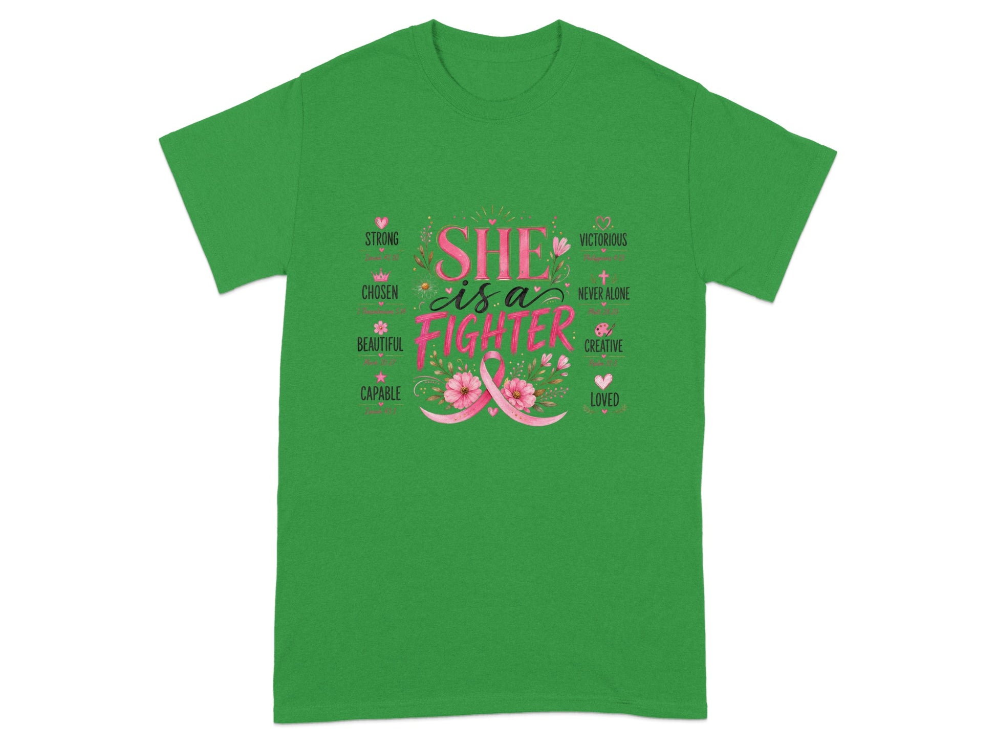 Green t-shirt with "SHE is a FIGHTER" and descriptive words, featuring a pink ribbon.