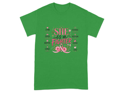 Green t-shirt with "SHE is a FIGHTER" and descriptive words, featuring a pink ribbon.