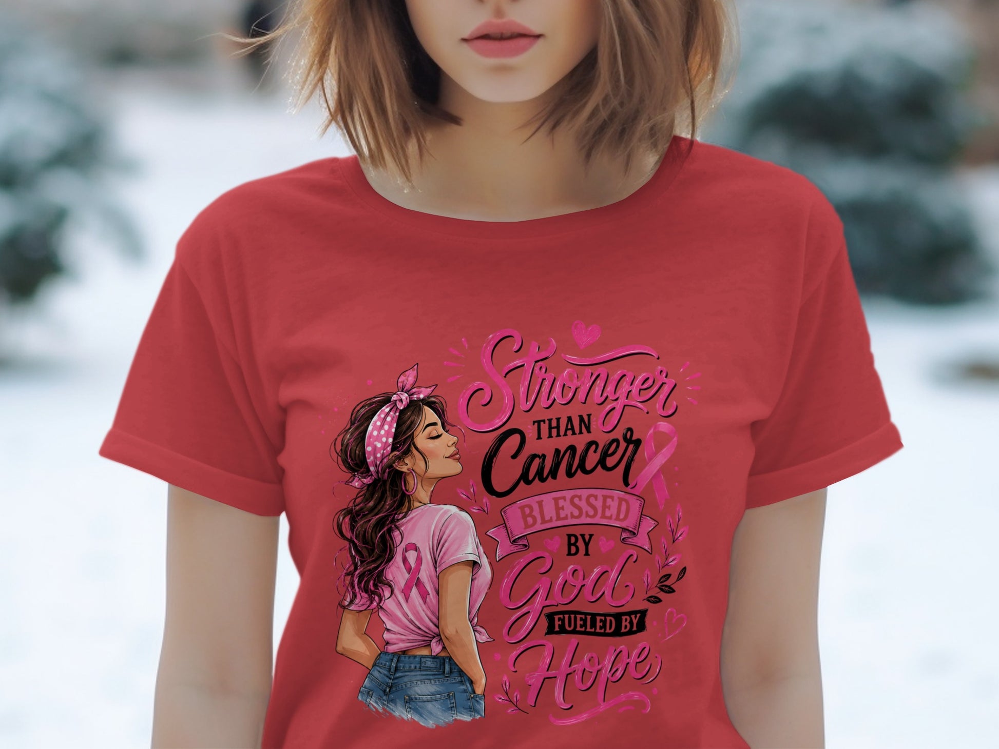 Red t-shirt with illustration and text: Stronger Than Cancer Blessed By God Fueled By Hope.