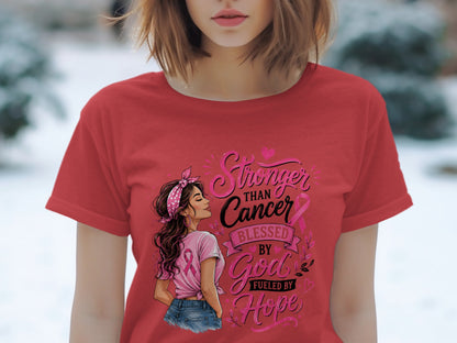 Red t-shirt with illustration and text: Stronger Than Cancer Blessed By God Fueled By Hope.
