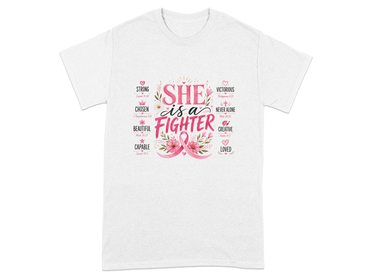 White t-shirt with "SHE is a FIGHTER" text and breast cancer ribbons.