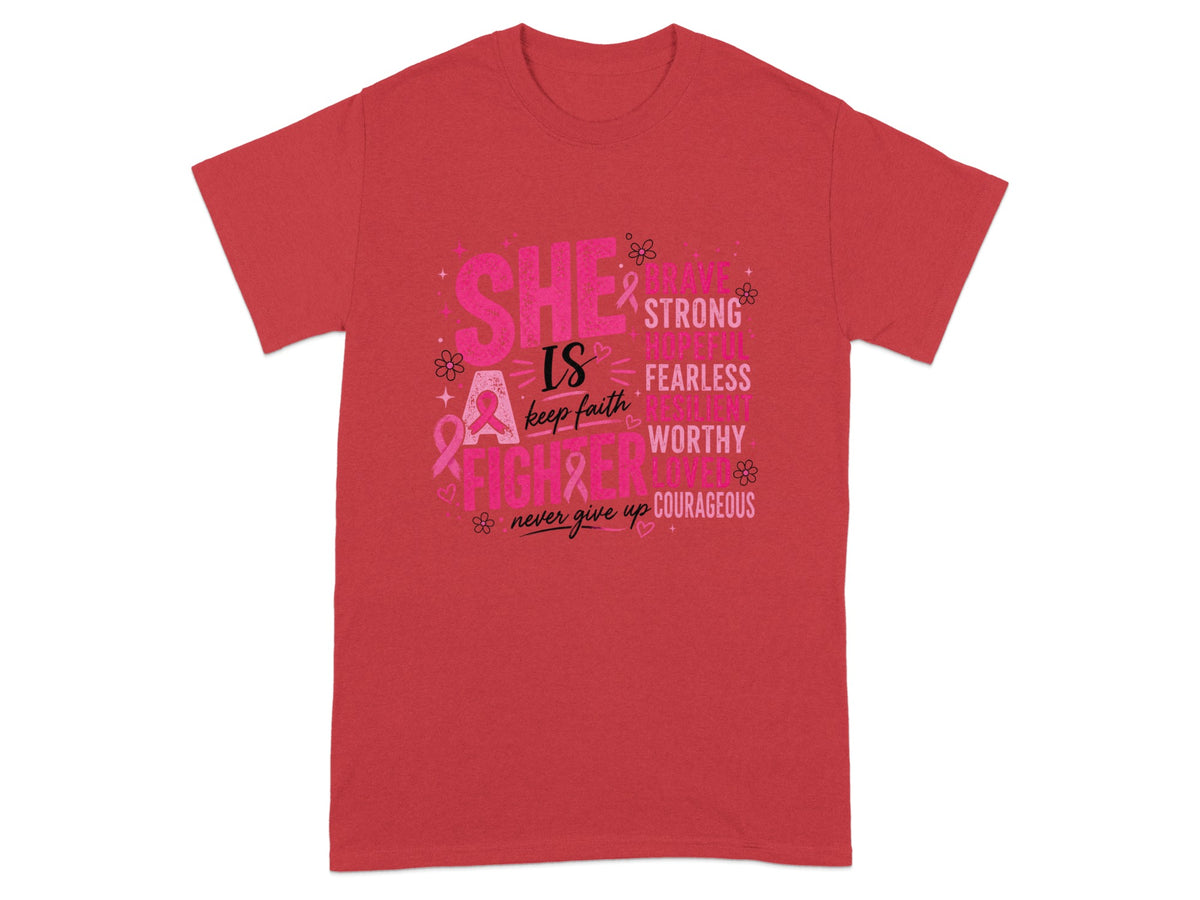 Red t-shirt with text "SHE IS A FIGHTER" and empowering words.