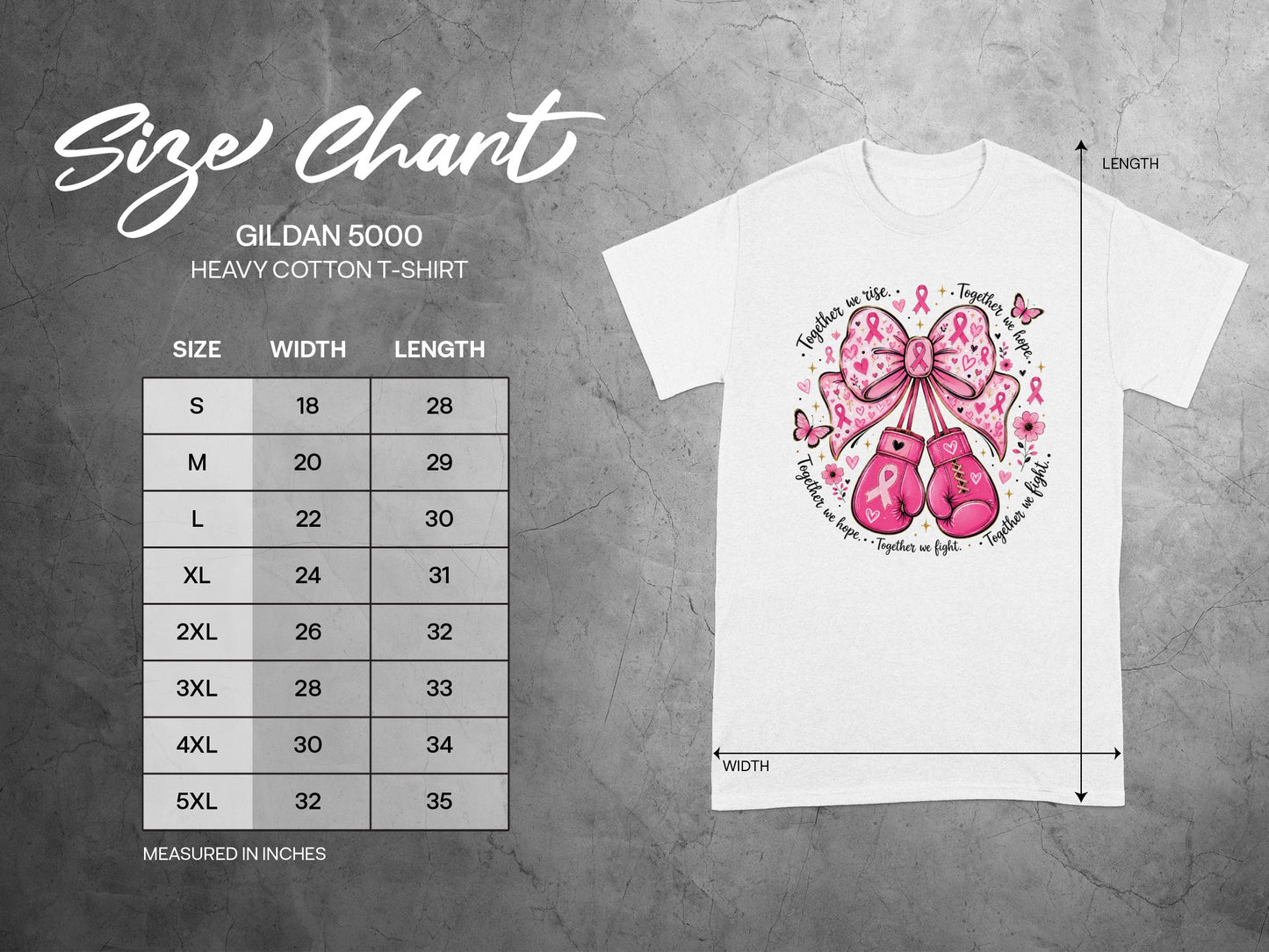 Gildan 5000 size chart with breast cancer awareness graphic on a white t-shirt.
