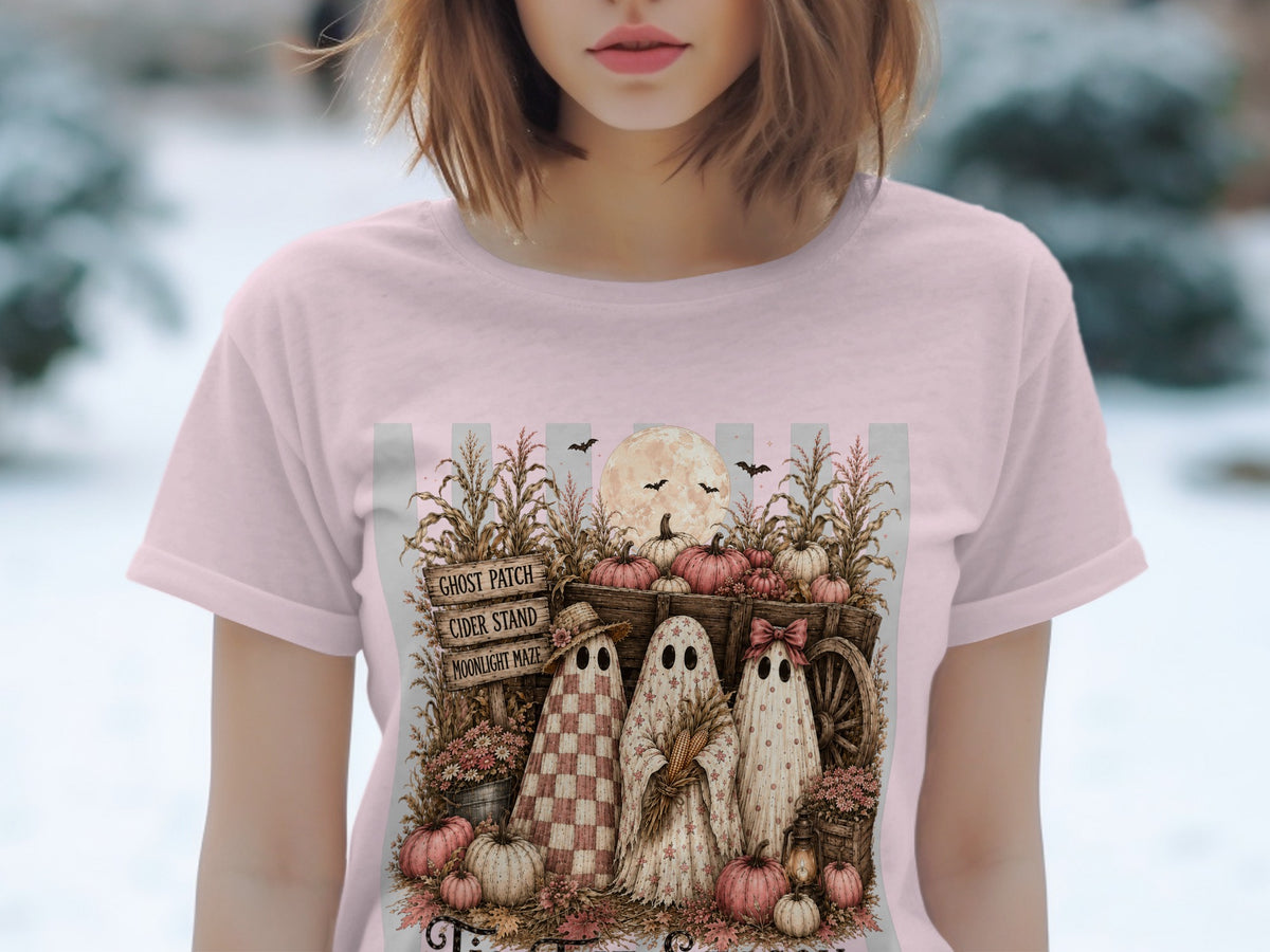 Halloween design with three ghosts, pumpkins, corn stalks, and signs.