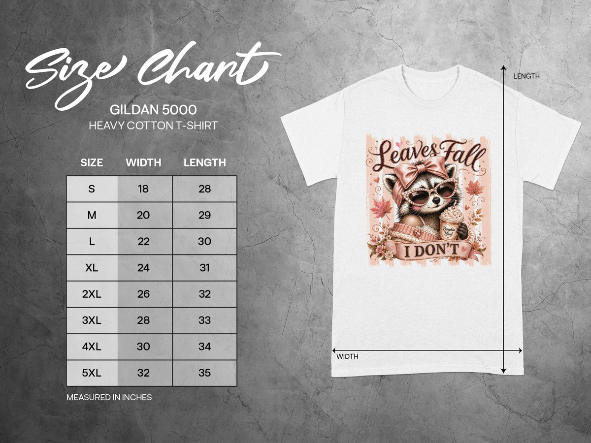 Gildan 5000 heavy cotton t-shirt size chart with raccoon graphic.
