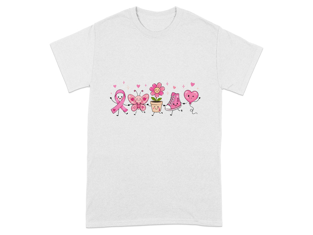 Pink ribbon, butterfly, flower, shoe, and heart characters holding hands.