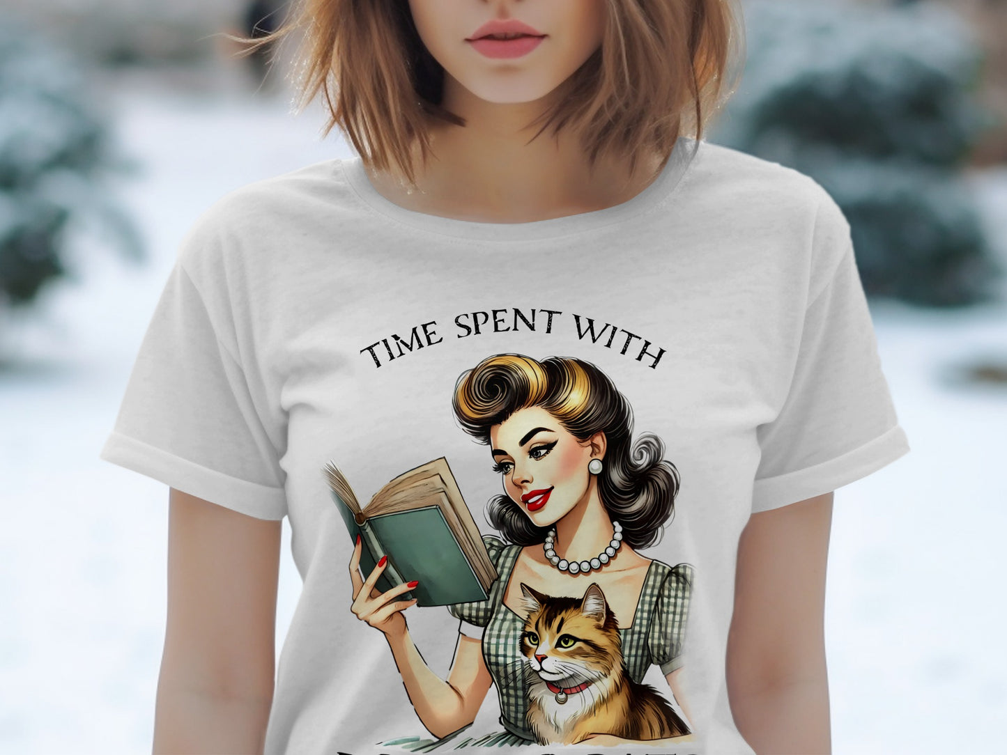 Illustration of woman reading book with cat, text "TIME SPENT WITH".