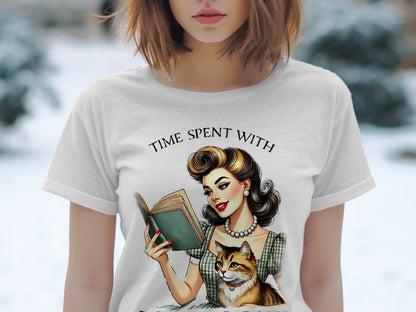 Illustration of woman reading book with cat, text "TIME SPENT WITH".