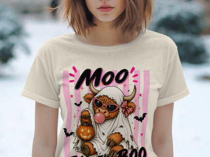 Highland cow ghost holding pumpkin, wearing sunglasses and blowing bubblegum. "Moo Boo" text.