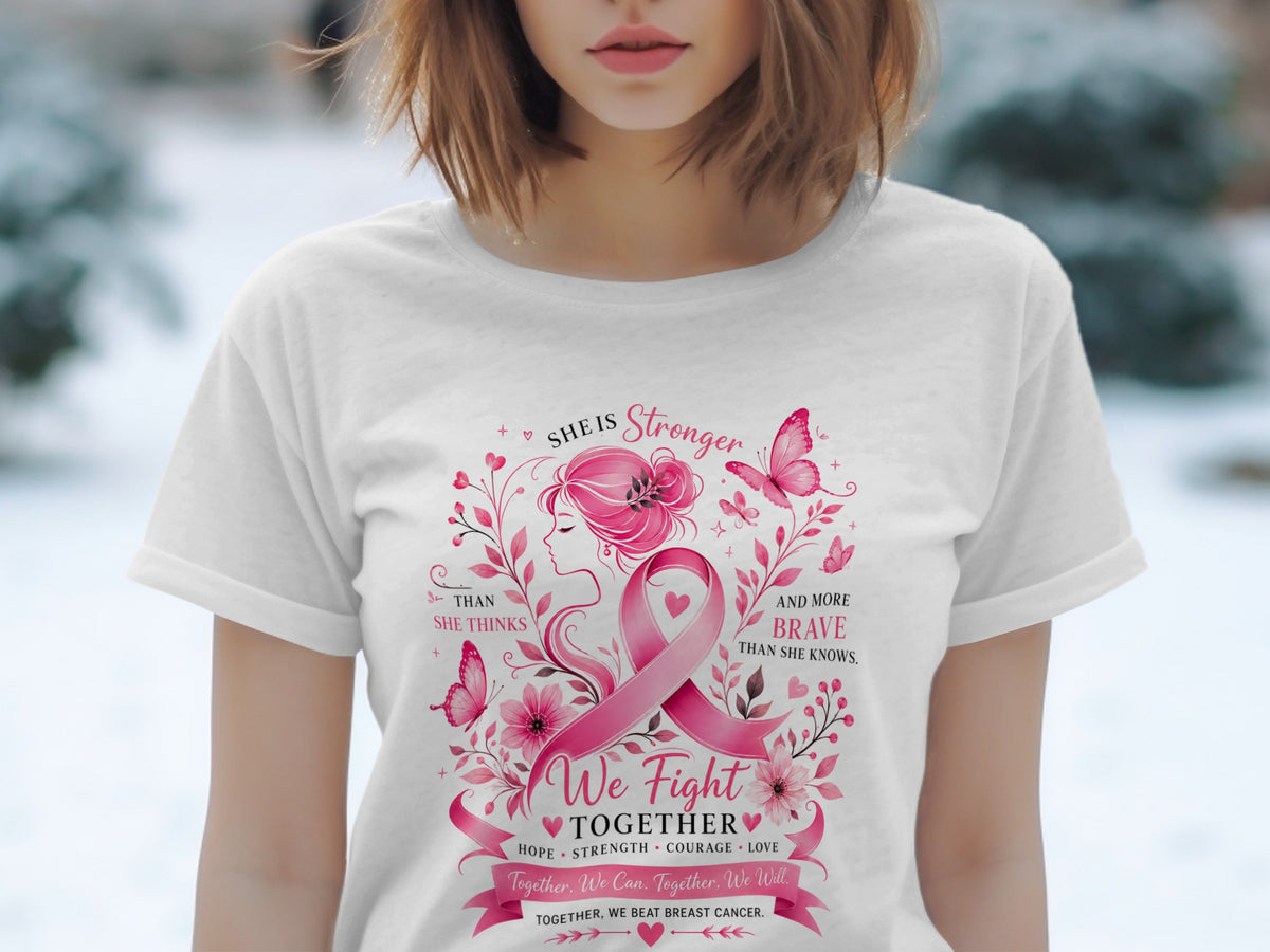 White t-shirt with breast cancer awareness design featuring pink ribbon, flowers, butterflies, and text.