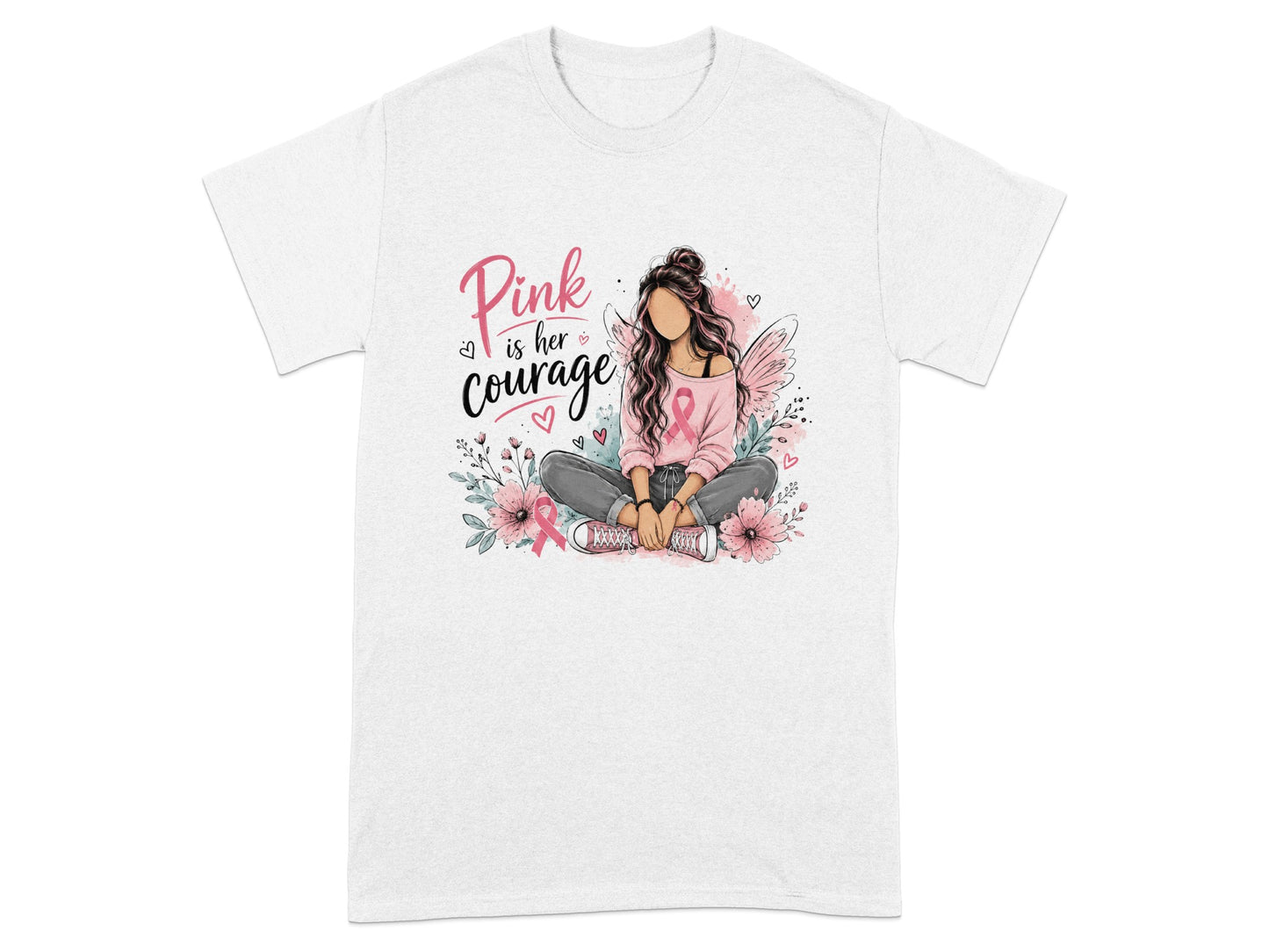 Illustration of a woman with pink ribbon on shirt, text "Pink is her courage".