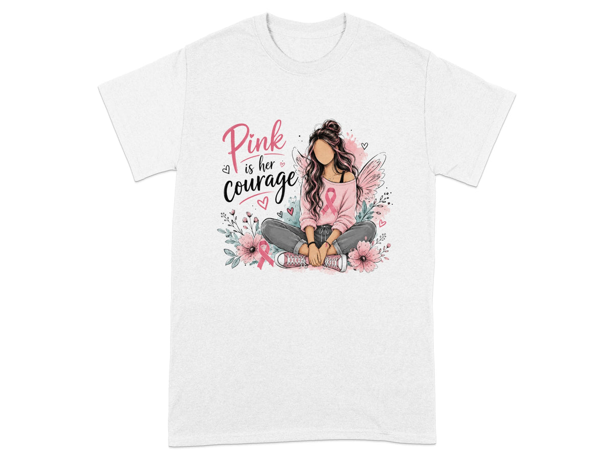 Illustration of a woman with pink ribbon on shirt, text "Pink is her courage".