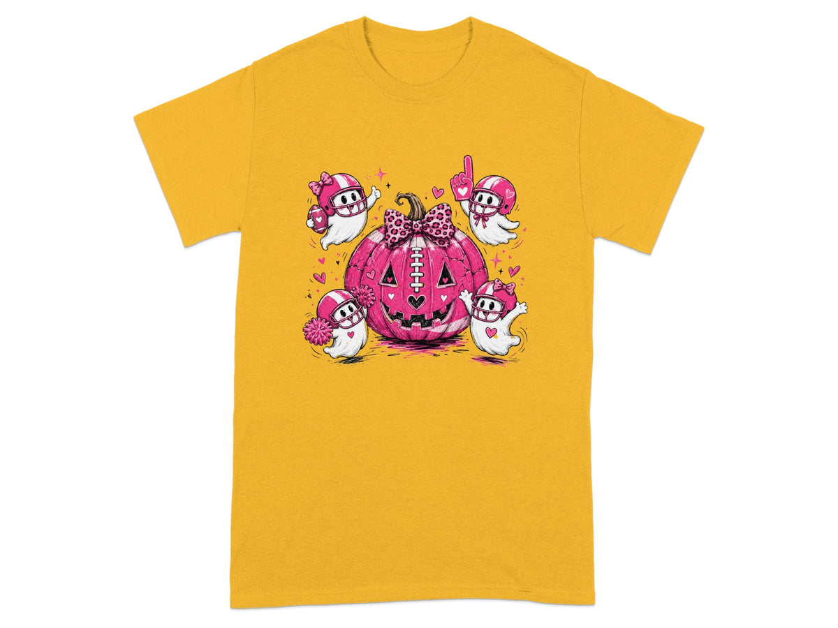 Cute ghosts in football helmets surround a pink pumpkin with a bow on a yellow t-shirt.