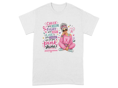 Breast Cancer Awareness design with text and a woman in pink.