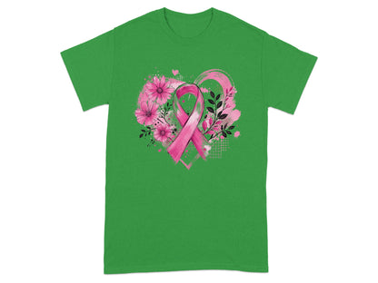 Green t-shirt with pink ribbon, flowers, and heart graphic.