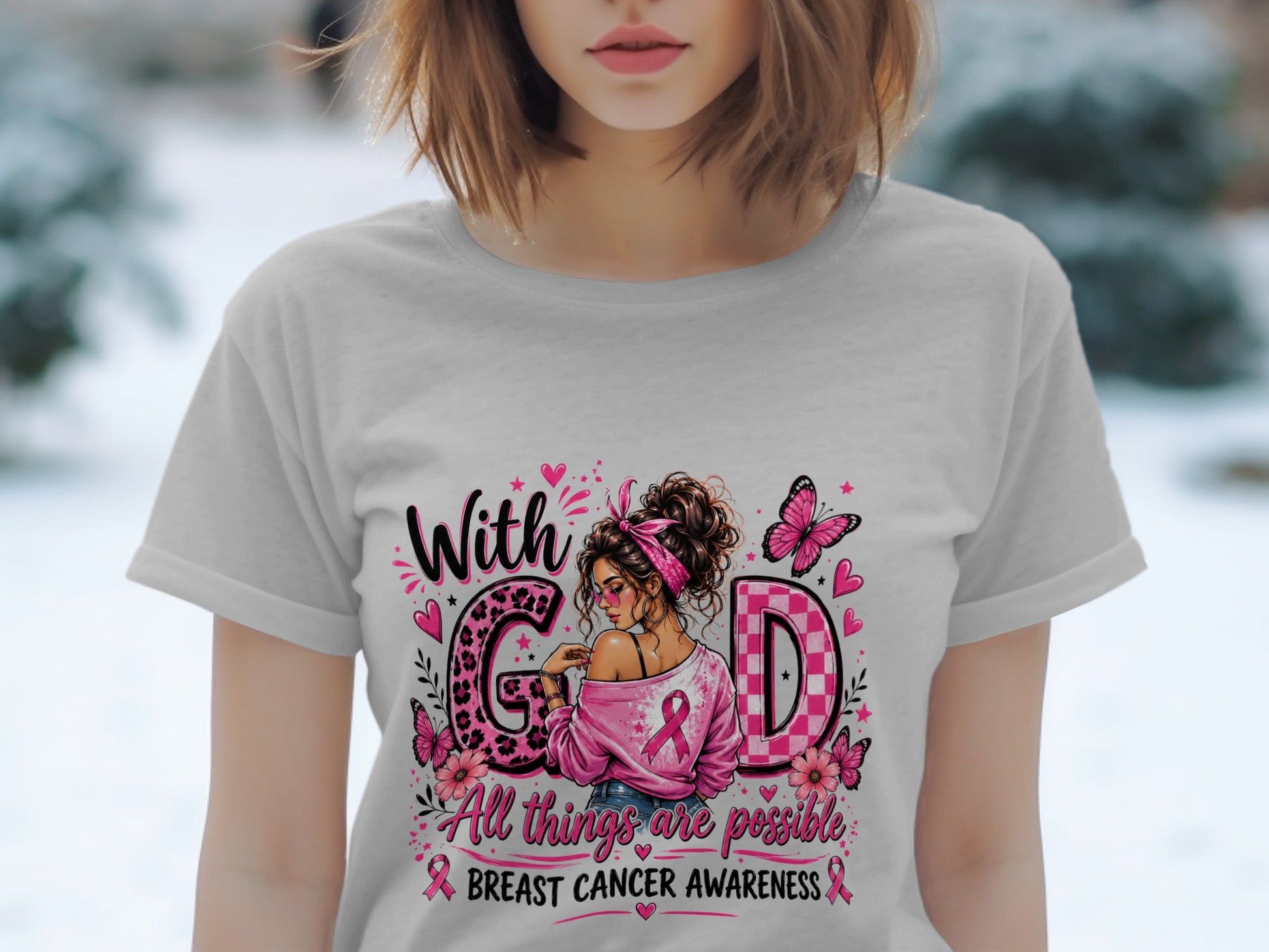 Grey t-shirt with "With GOD, All things are possible" and breast cancer awareness design.