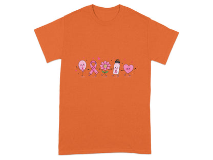 Orange t-shirt with cartoon balloon, ribbon, flower, bottle, and heart characters holding hands.