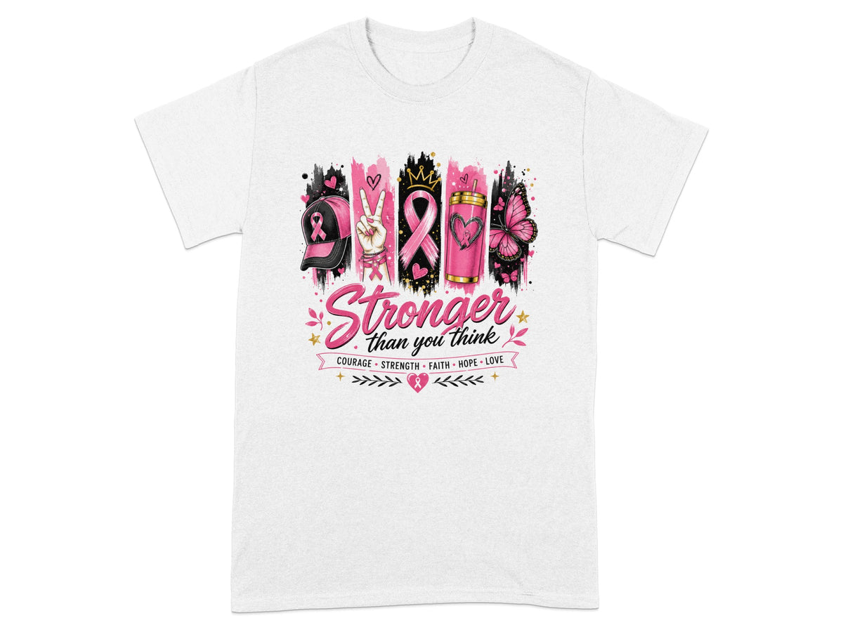 White t-shirt with "Stronger than you think" and breast cancer ribbon design.