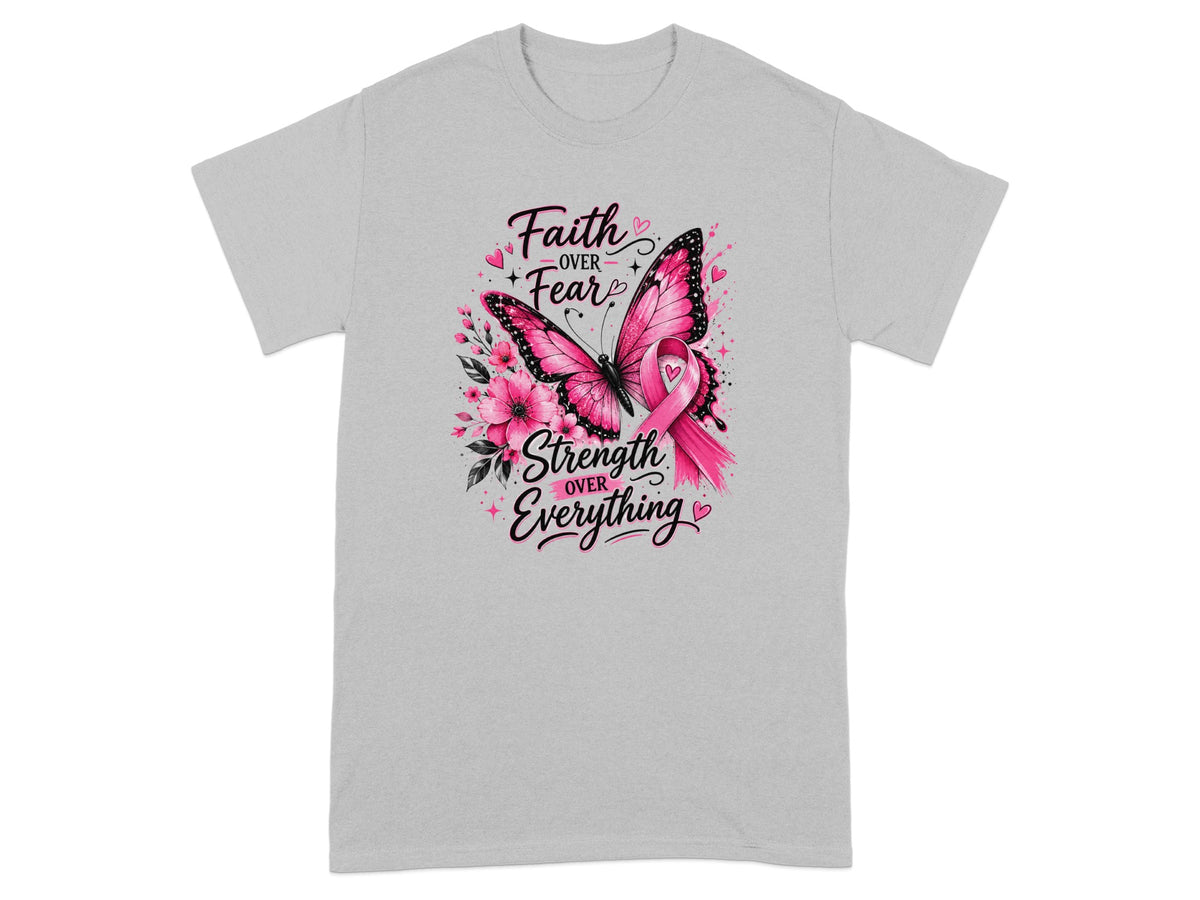 Pink butterfly with flowers, pink ribbon, and "Faith Over Fear Strength Over Everything" text.