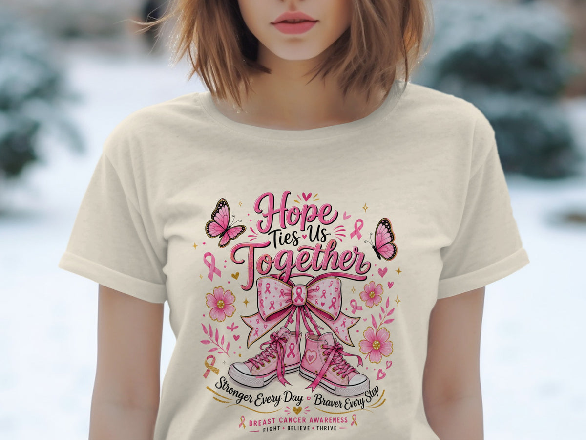 T-shirt graphic with pink ribbon, sneakers, butterflies, and text "Hope Ties Us Together".