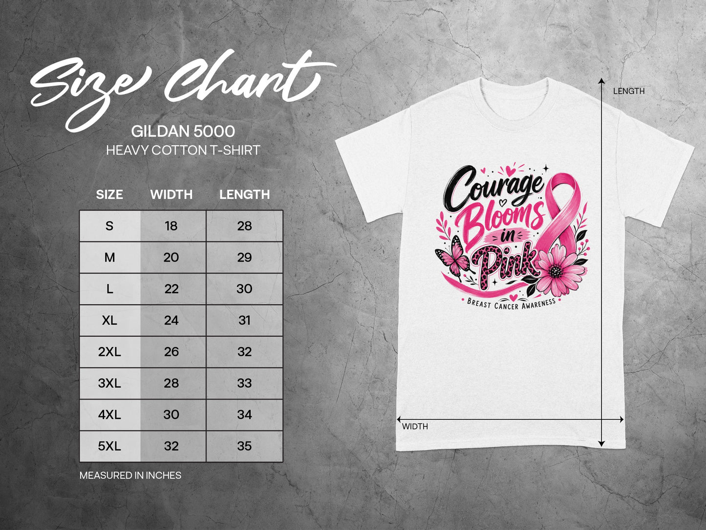 Gildan 5000 size chart for heavy cotton t-shirt, measured in inches.