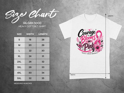 Gildan 5000 size chart for heavy cotton t-shirt, measured in inches.