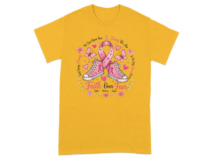Pink ribbon with sneakers, butterflies, flowers, and "Faith Over Fear" text.