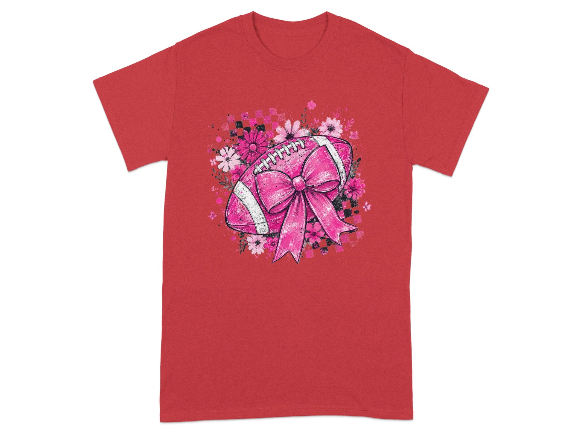 Red t-shirt with pink football, bow, and floral design.