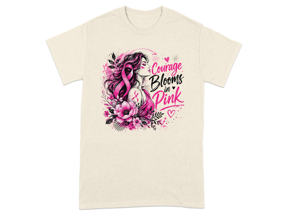 "Courage Blooms in Pink" text with a woman, flowers, and a pink ribbon.