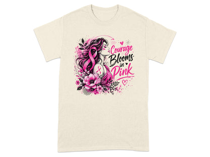 "Courage Blooms in Pink" text with a woman, flowers, and a pink ribbon.