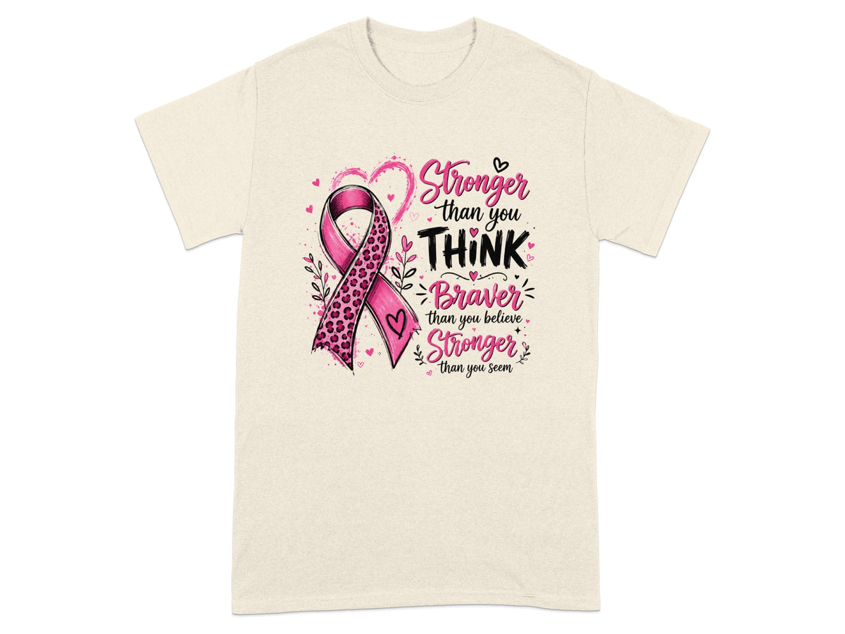 Cream t-shirt with pink leopard print ribbon and "Stronger than you THINK, Braver than you believe, Stronger than you seem."