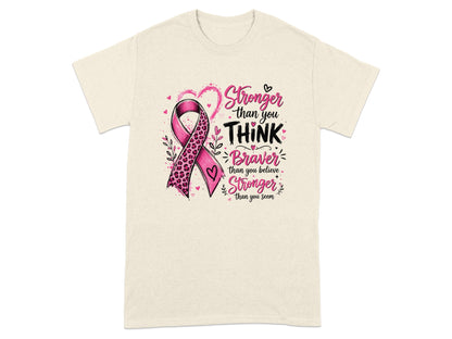 Cream t-shirt with pink leopard print ribbon and "Stronger than you THINK, Braver than you believe, Stronger than you seem."