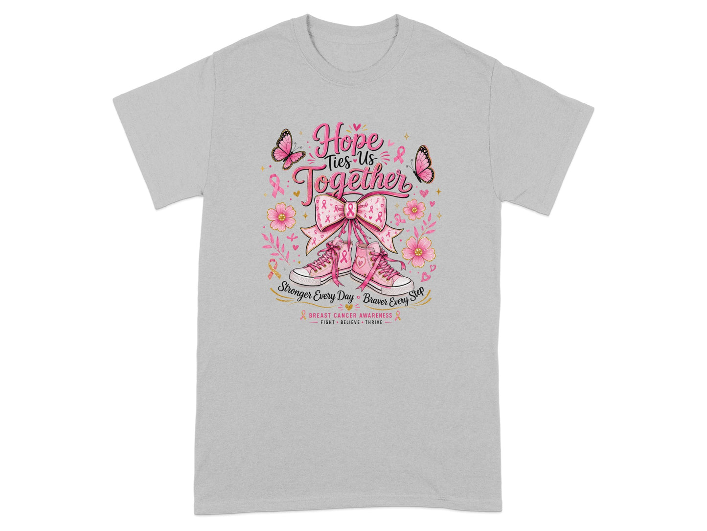 "Hope Ties Us Together" graphic on grey t-shirt with pink sneakers and breast cancer awareness ribbon design.